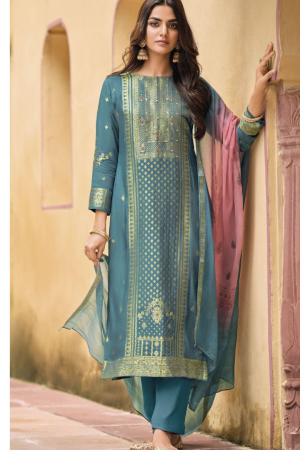 Elegant Teal Blue Jacquard Printed Ladies Suit with Contrasting Dupatta