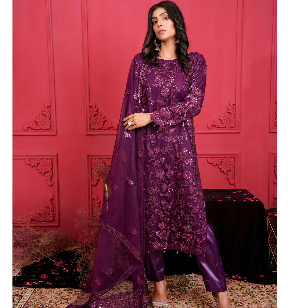 Luxurious Deep Purple Heavy Embroidered Party Wear Suit
